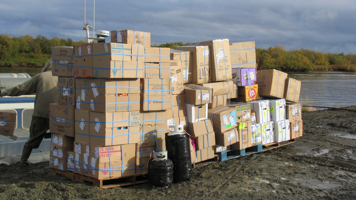 Groceries are loaded on pallets