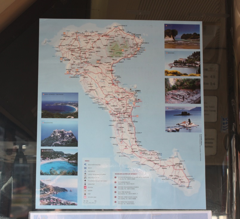 The port building has a map of the island in the window