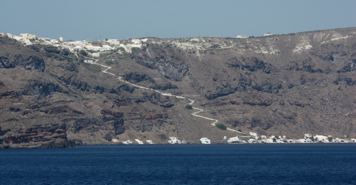 The town of Therasia at the top of a winding pathway