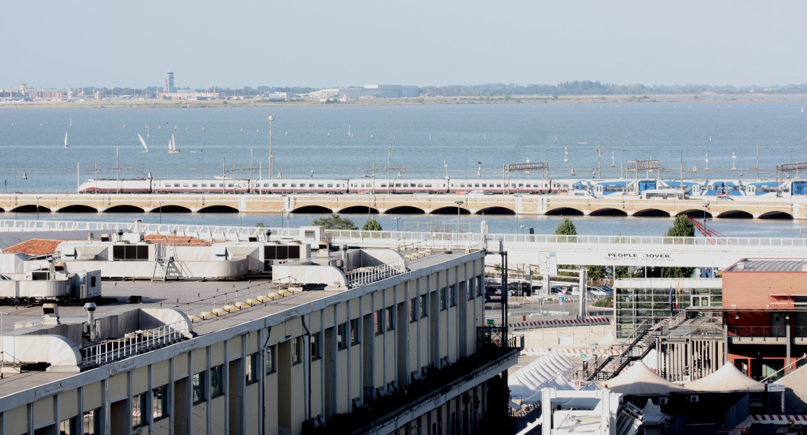 A train on the causeway connecting Venice to the mainland