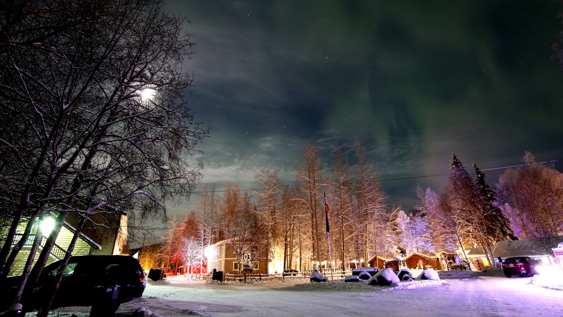 Glowing green sky over the resort