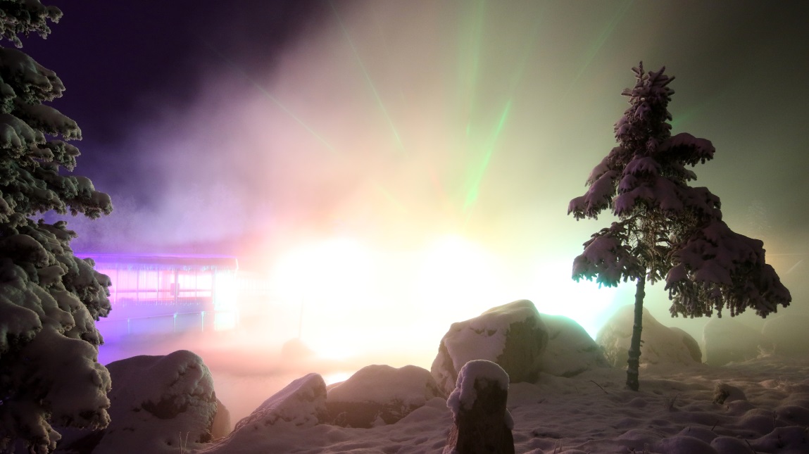 Color changing lights and rising steam