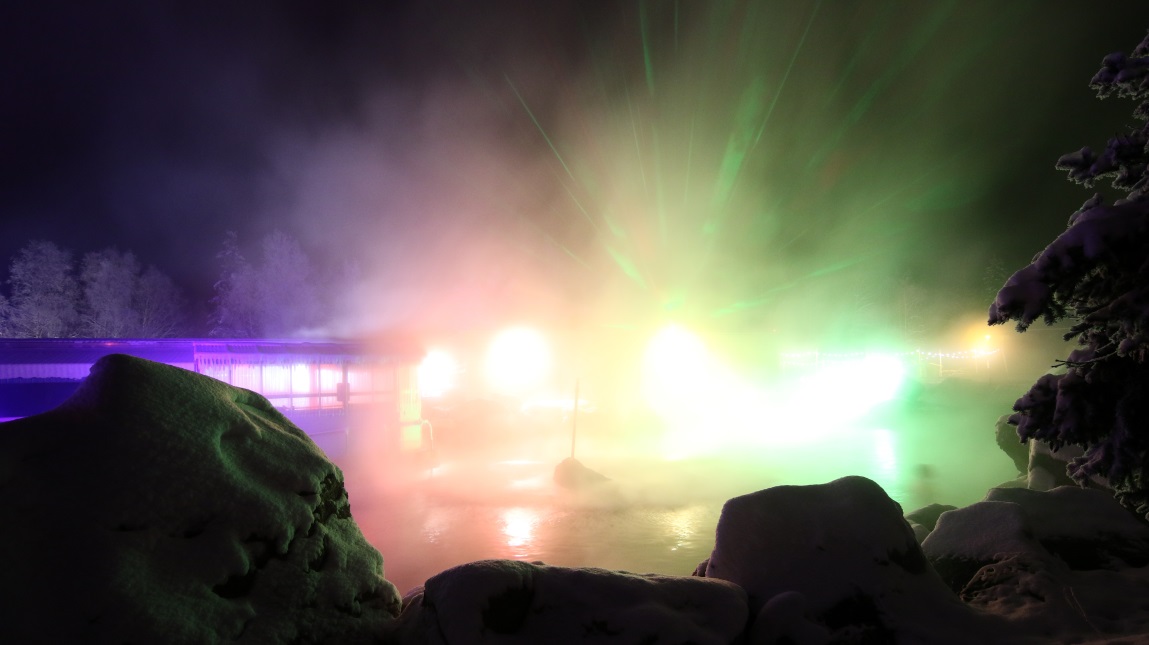 Color changing lights and rising steam