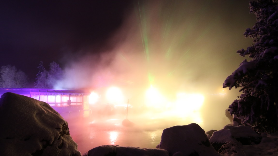 Color changing lights and rising steam