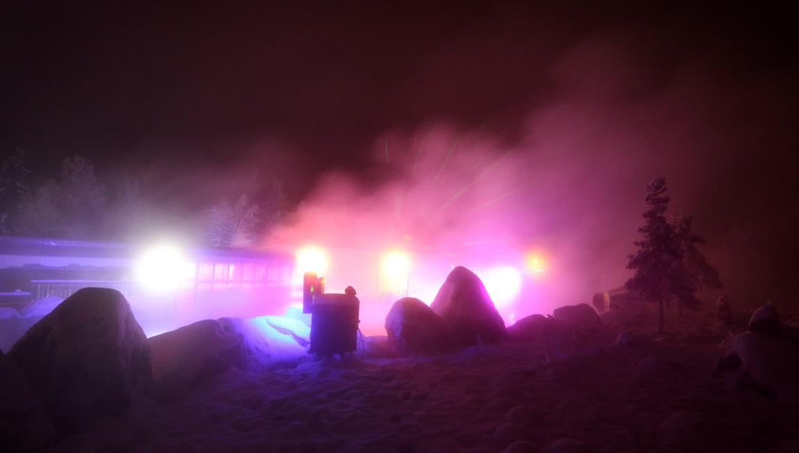 Color changing lights and rising steam