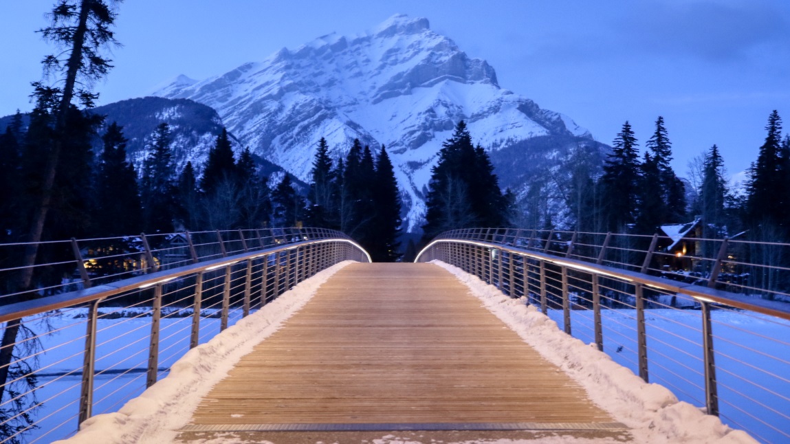 Bow River foot bridge with Cascade Mountain