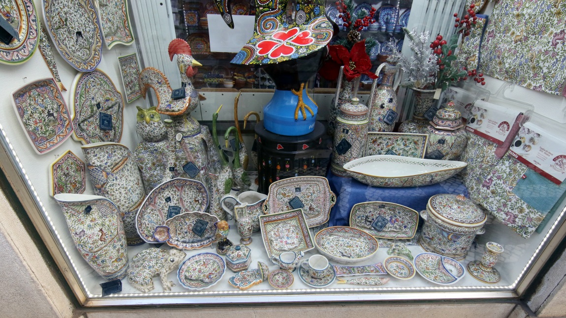 Pottery in a window display